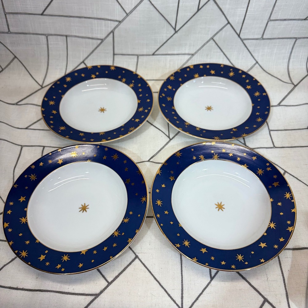 Sakura Galaxy Soup Bowls 8.5in Blue Gold 14k Celestial Star Fine Porcelain Set 4